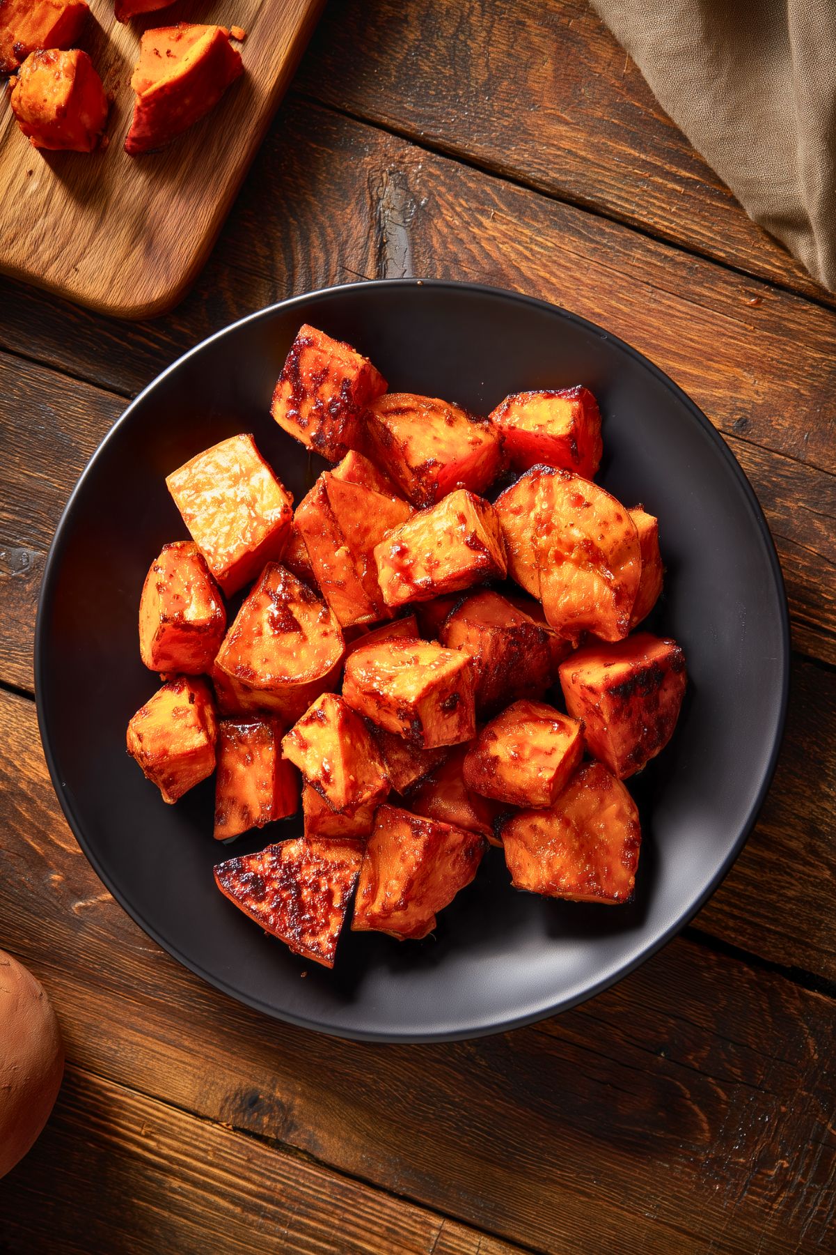 Overhead view of maple roasted sweet potatoes with golden orange centers, caramelized edges, and a glossy maple glaze. Served on a matte black plate over a rustic wooden table.