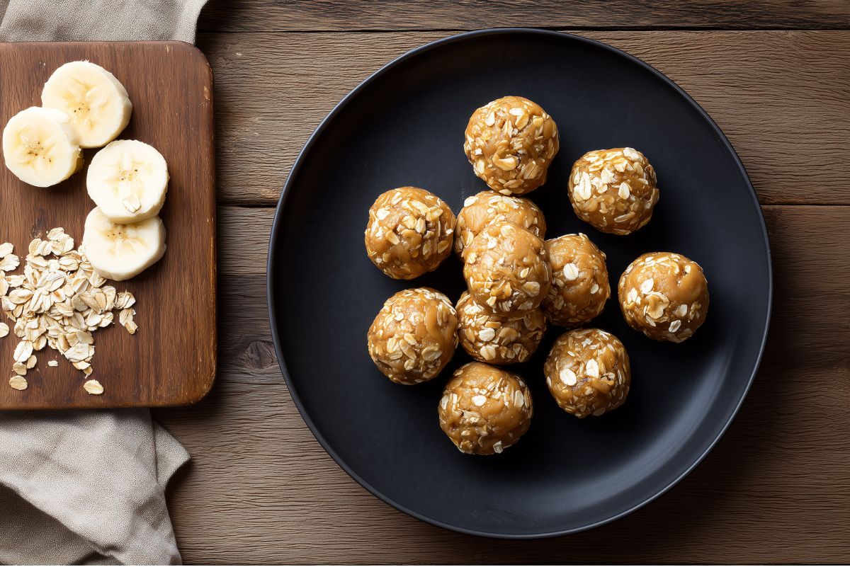 Overhead view of Peanut Butter Banana Protein Balls arranged on a matte black plate over a rustic wooden table. Sliced bananas and rolled oats sit on a wooden cutting board beside the plate, with a beige cloth underneath.