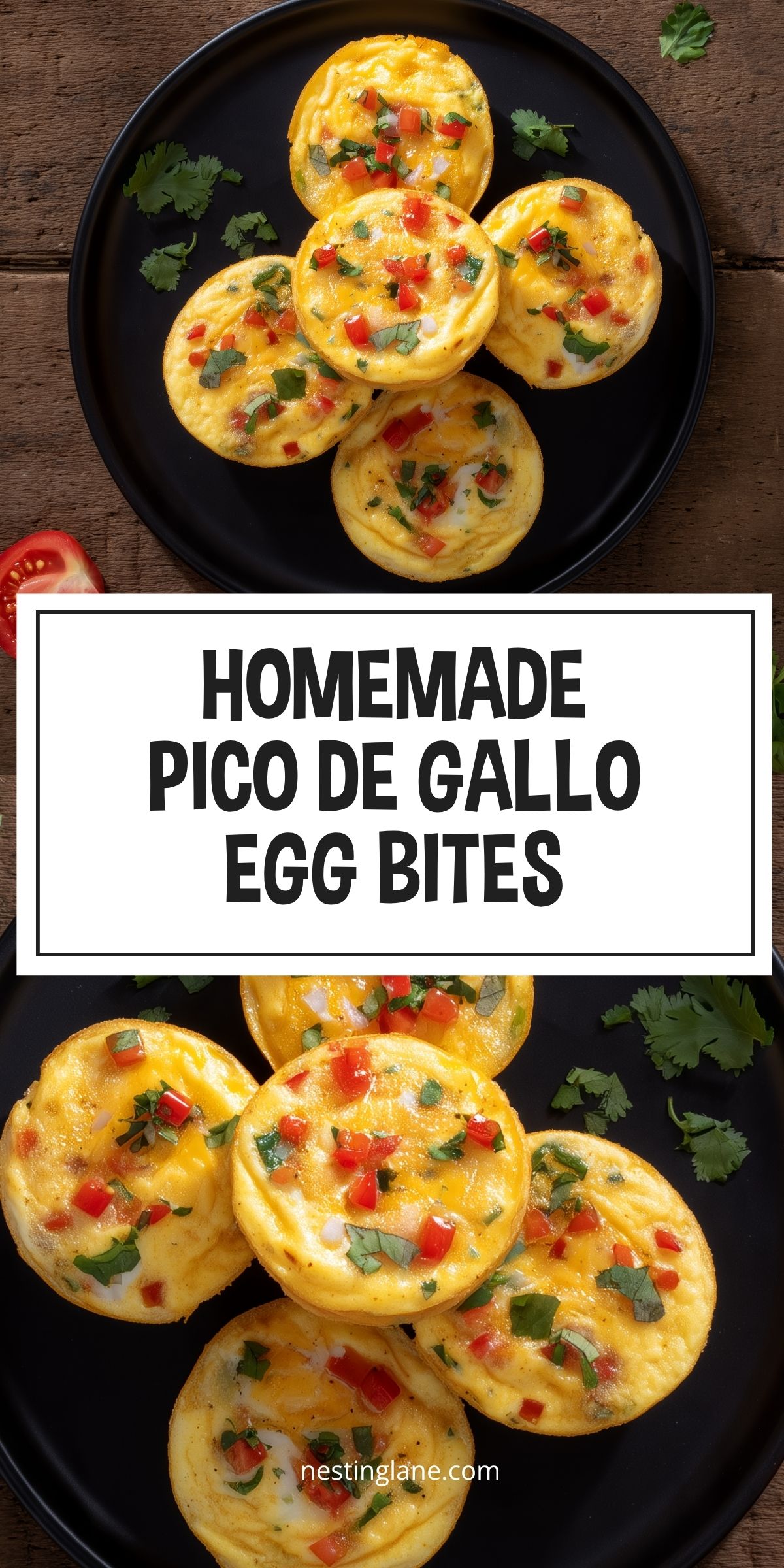 Homemade Pico de Gallo Egg Bites with diced tomatoes, onion, jalapeño, cilantro, and melted cheese on a black plate. Text reads “Homemade Pico de Gallo Egg Bites” and “nestinglane.com.”