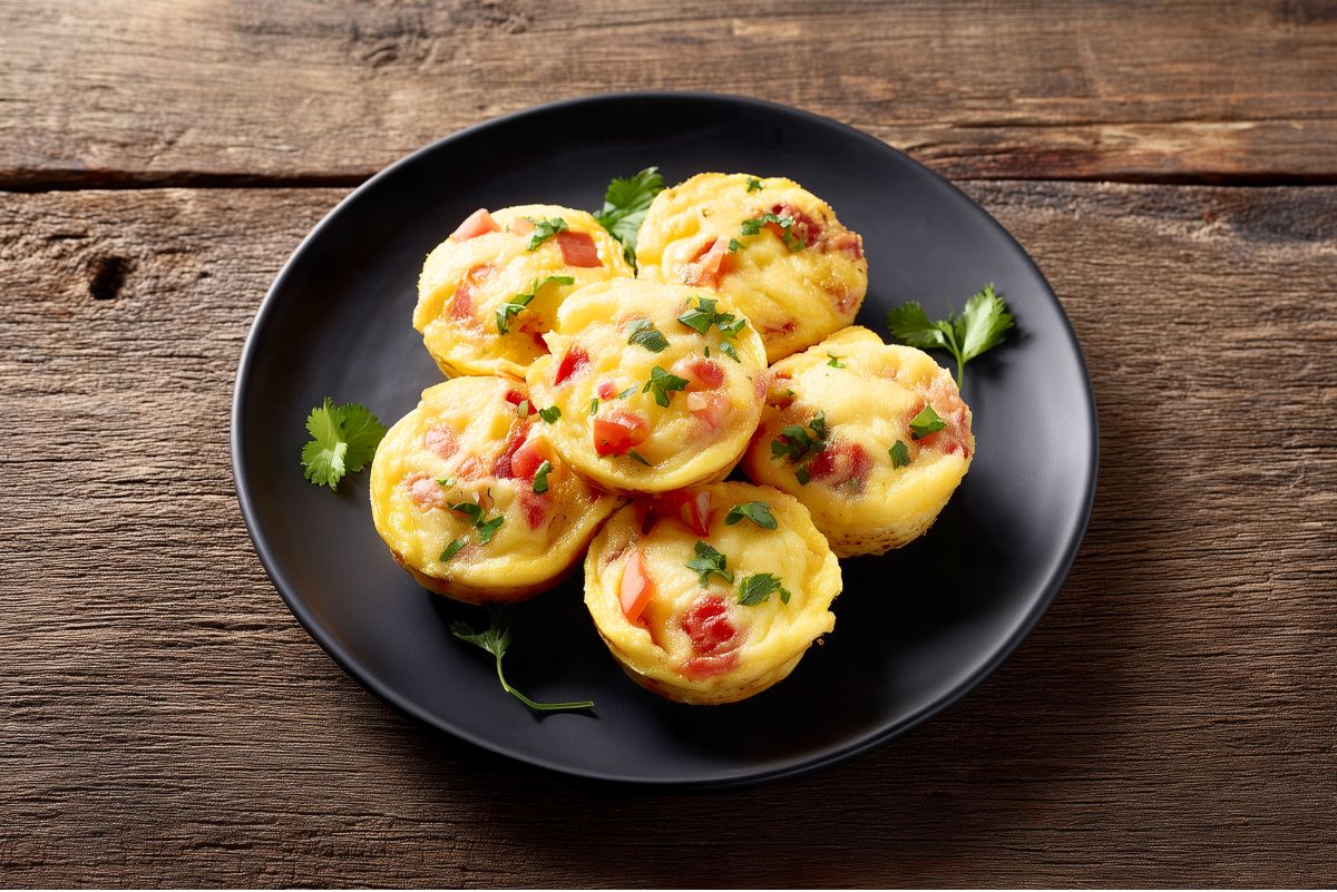 Six Pico de Gallo Egg Bites with tomatoes, peppers, cheese, and fresh cilantro arranged on a matte black plate over a rustic wood table.