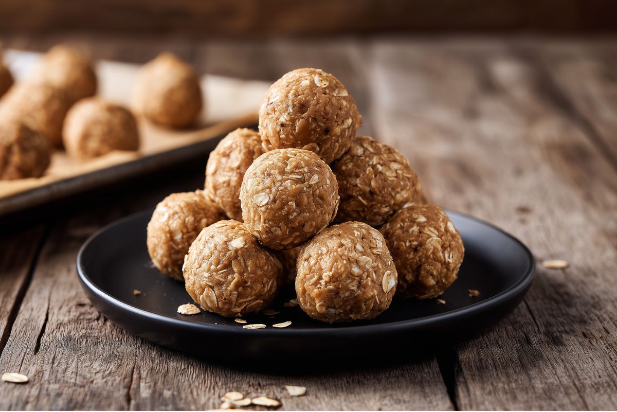A stack of homemade Pumpkin Spice Protein Balls with visible rolled oats on a matte black plate. More protein balls sit on a baking sheet in the background, with a rustic wooden tabletop and warm natural lighting.