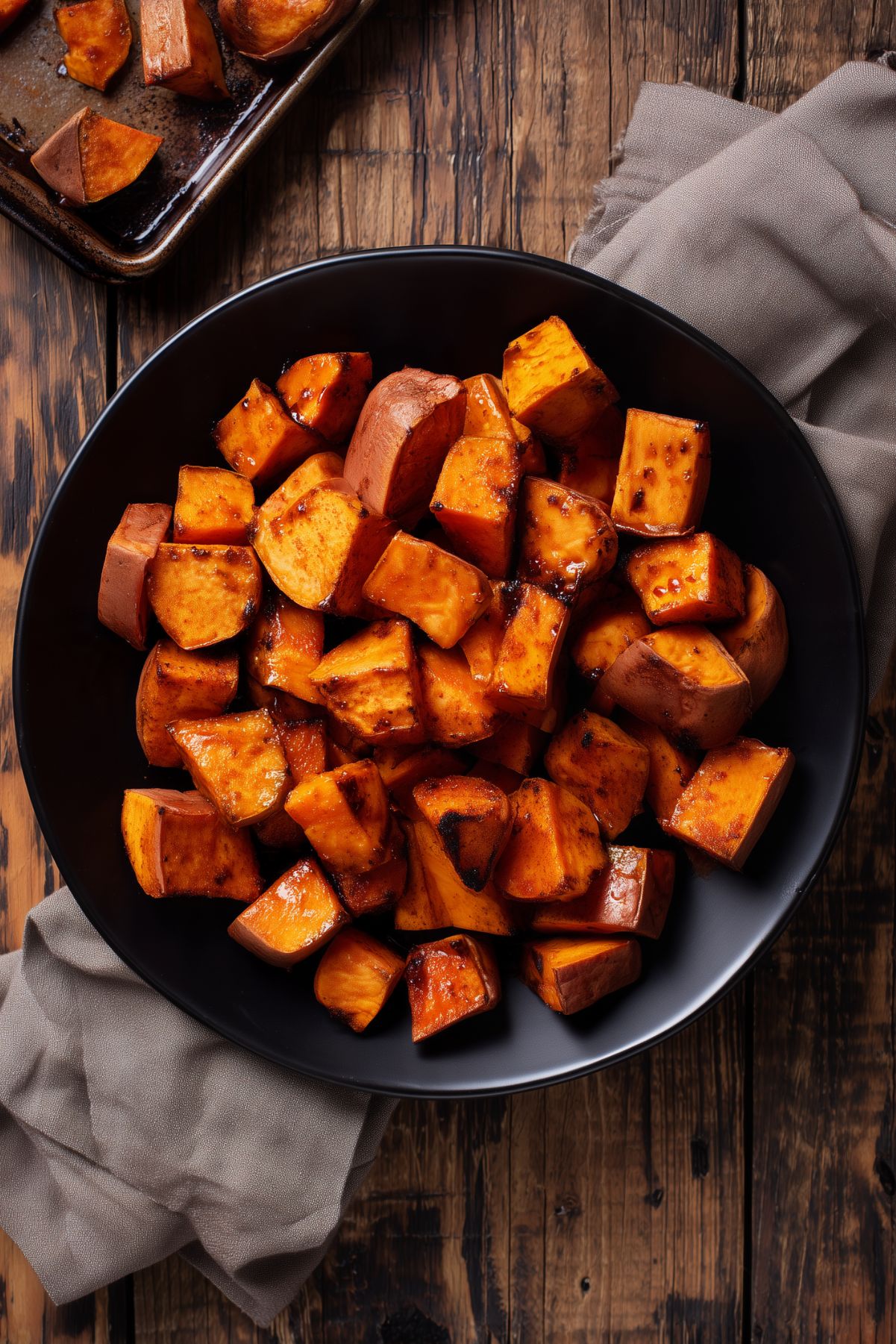 Pumpkin spice roasted sweet potatoes piled on a matte black plate, with glossy orange surfaces and dark caramelized edges. A baking sheet with additional roasted sweet potatoes sits in the upper left corner, with beige napkins on a rustic wooden table.