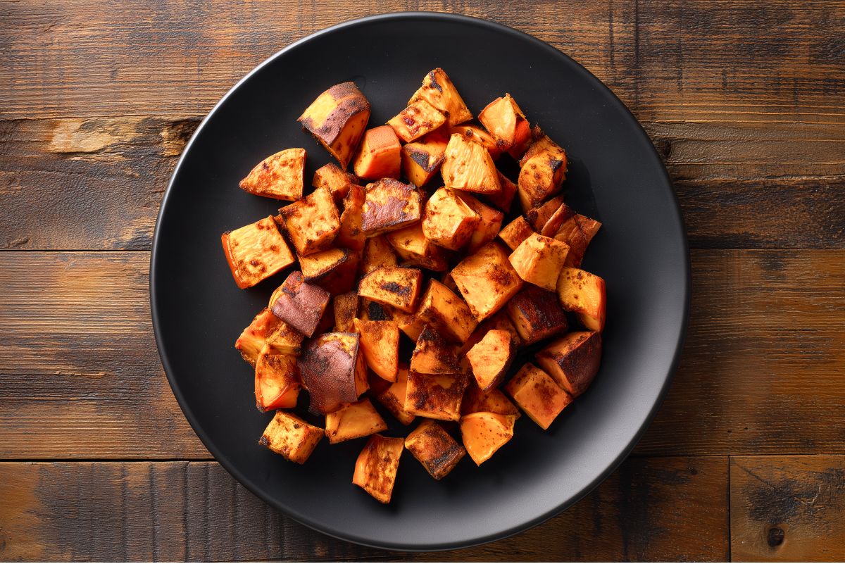 Overhead view of pumpkin spice roasted sweet potatoes on a round matte black plate. Golden-orange sweet potato cubes have browned, caramelized edges and visible seasoning. The plate rests on a rustic wooden table.