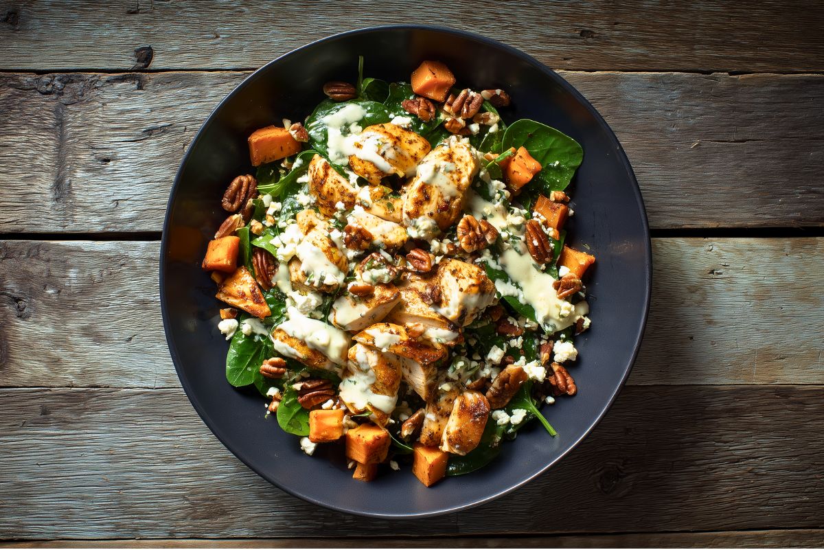 Overhead view of a Rosemary Garlic Chicken Sweet Potato Bowl on a dark wooden table. A black bowl filled with rosemary-seasoned chicken, orange roasted sweet potatoes, fresh baby spinach, pecans, crumbled cheese, and creamy herb dressing.