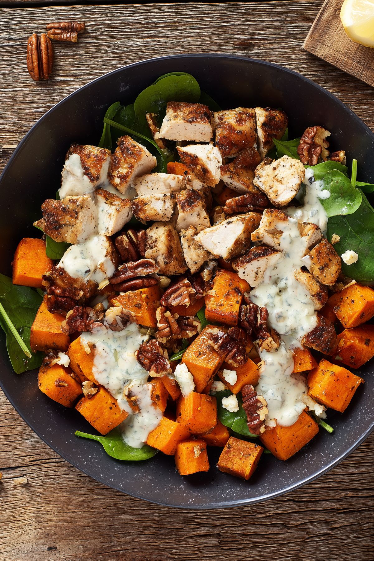 Close-up of a Rosemary Garlic Chicken Sweet Potato Bowl in a black bowl on a rustic wooden table. Golden brown chicken breast pieces, roasted sweet potato cubes, fresh spinach, toasted pecans, crumbled cheese, and creamy herb dressing.