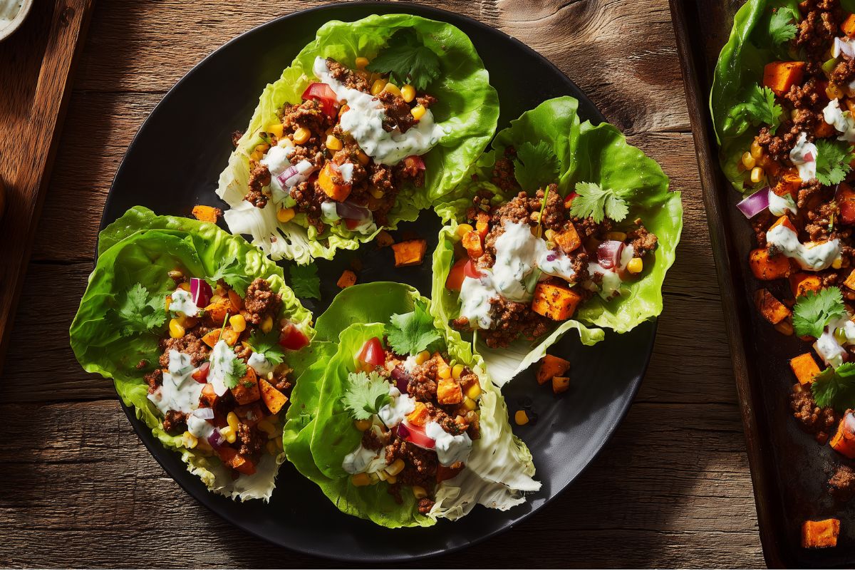 Four Southwest beef and sweet potato lettuce wraps on a matte black plate. Crisp green lettuce leaves hold seasoned ground beef, roasted sweet potato cubes, corn, diced red onion, tomatoes, creamy white sauce, and fresh cilantro. Rustic wooden background.