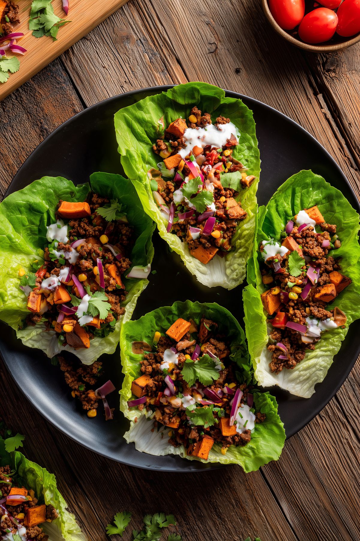 Overhead view of four Southwest beef and sweet potato lettuce wraps arranged on a black plate. Fresh lettuce cups are filled with seasoned ground beef, roasted sweet potatoes, yellow corn, red onion, tomatoes, cilantro, and creamy white dressing on a rustic wooden table.