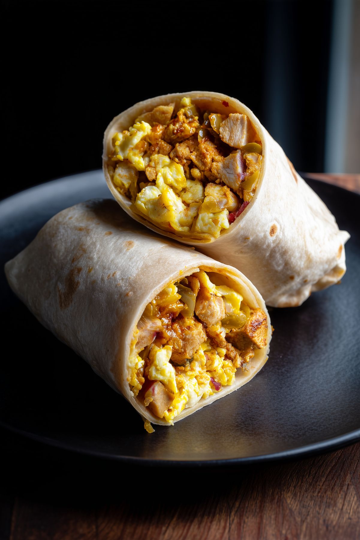 Close-up of two spicy chicken breakfast burrito halves stacked on a matte black plate. Soft flour tortillas are filled with seasoned chicken breast, fluffy scrambled eggs, melted cheese, and peppers.