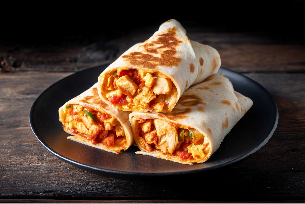 Three spicy chicken breakfast burrito halves stacked on a matte black plate over a rustic wooden table. Lightly toasted flour tortillas reveal chunks of spicy chicken, scrambled eggs, melted cheese, and red and green peppers.