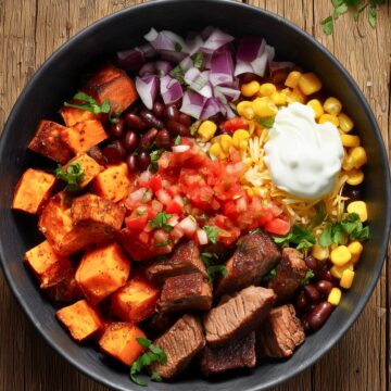 Overhead view of a steak burrito sweet potato bowl with browned steak pieces, roasted sweet potato cubes, black beans, corn, diced red onion, fresh salsa, shredded cheese, sour cream, and cilantro in a matte black bowl on rustic wooden planks.