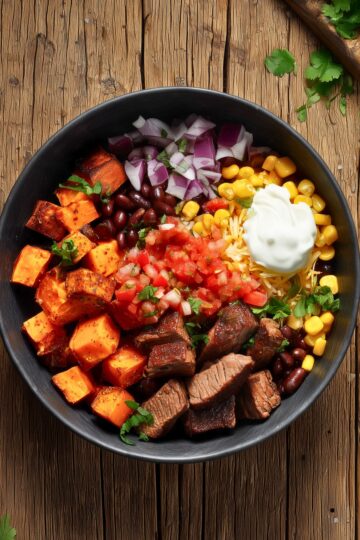 Overhead view of a steak burrito sweet potato bowl with browned steak pieces, roasted sweet potato cubes, black beans, corn, diced red onion, fresh salsa, shredded cheese, sour cream, and cilantro in a matte black bowl on rustic wooden planks.
