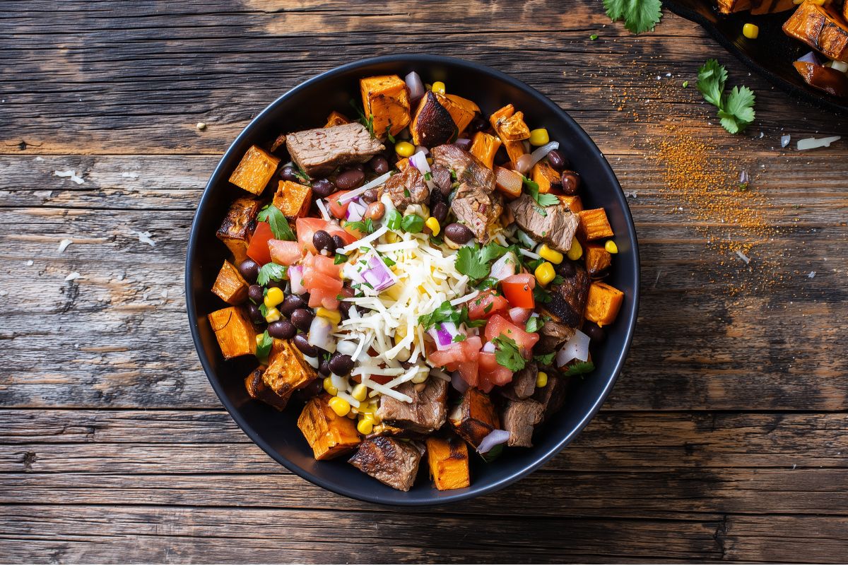 Overhead view of a Steak Taco Sweet Potato Bowl with roasted sweet potatoes, seasoned steak, black beans, corn, tomatoes, red onion, shredded cheese, and fresh cilantro in a black bowl on rustic wood.