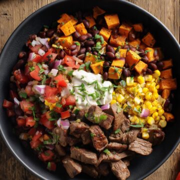 Close overhead view of a Steak Taco Sweet Potato Bowl filled with roasted sweet potatoes, steak, black beans, corn, fresh tomato salsa, red onion, cilantro, and a creamy topping in a black bowl.
