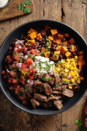 Close overhead view of a Steak Taco Sweet Potato Bowl filled with roasted sweet potatoes, steak, black beans, corn, fresh tomato salsa, red onion, cilantro, and a creamy topping in a black bowl.