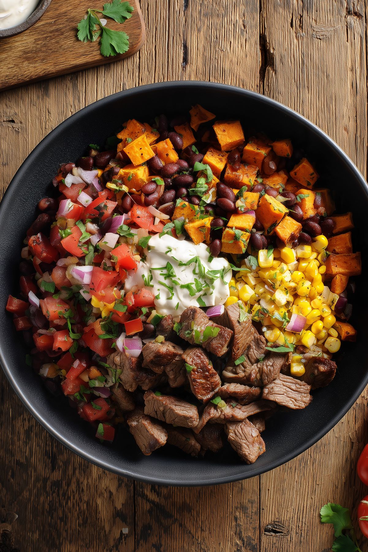 Close overhead view of a Steak Taco Sweet Potato Bowl filled with roasted sweet potatoes, steak, black beans, corn, fresh tomato salsa, red onion, cilantro, and a creamy topping in a black bowl.
