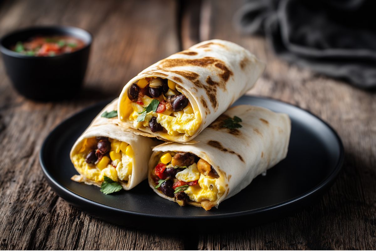 Three Tex-Mex breakfast burritos stacked on a matte black plate over rustic wood. Lightly toasted flour tortillas reveal scrambled eggs, black beans, yellow corn, red peppers, and melted cheese. A small bowl of salsa sits in the background.