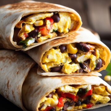 Close-up of three stacked Tex-Mex breakfast burrito halves on a black plate. Golden toasted flour tortillas are filled with fluffy scrambled eggs, black beans, sweet corn, red bell peppers, and melted cheese. The colorful fillings are visible in each cut end.