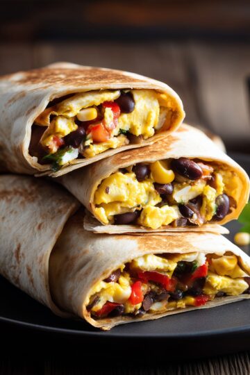 Close-up of three stacked Tex-Mex breakfast burrito halves on a black plate. Golden toasted flour tortillas are filled with fluffy scrambled eggs, black beans, sweet corn, red bell peppers, and melted cheese. The colorful fillings are visible in each cut end.