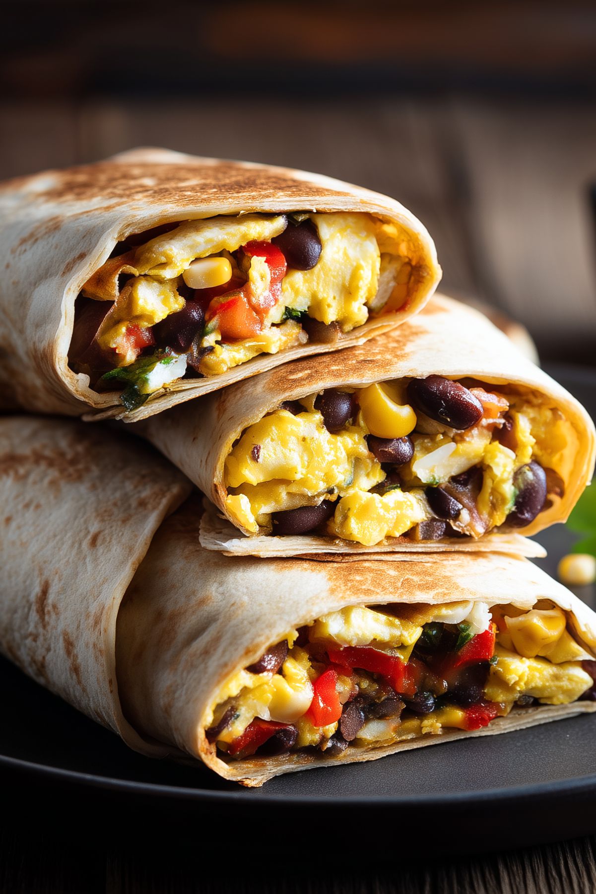 Close-up of three stacked Tex-Mex breakfast burrito halves on a black plate. Golden toasted flour tortillas are filled with fluffy scrambled eggs, black beans, sweet corn, red bell peppers, and melted cheese. The colorful fillings are visible in each cut end.