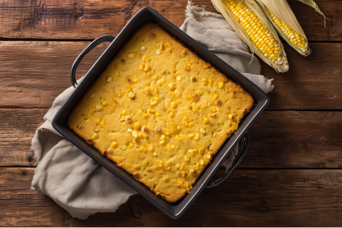 Overhead view of homemade Thanksgiving Corn Casserole baked in a square black baking dish. The golden brown surface is dotted with yellow corn kernels and lightly browned edges. Fresh corn on the cob and a beige linen cloth decorate the rustic wooden table.