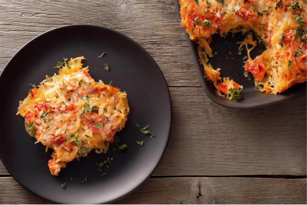 A serving of Tomato Parmesan Spaghetti Squash Casserole with melted cheese, tomatoes, and herbs on a black plate, with the remaining casserole in a black baking dish on a rustic wood table.