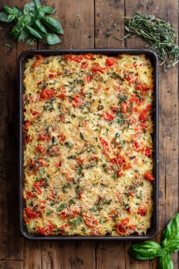 Overhead view of Tomato Parmesan Spaghetti Squash Casserole baked in a rectangular pan, topped with melted Parmesan cheese, chopped tomatoes, basil, and herbs on a rustic wood table.