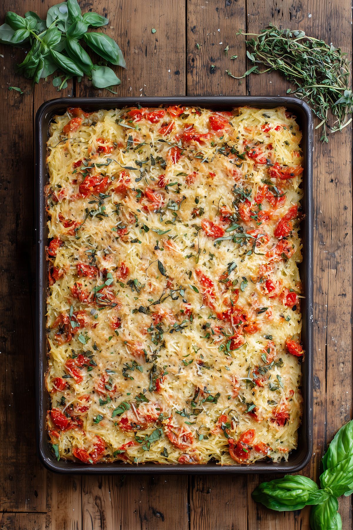 Overhead view of Tomato Parmesan Spaghetti Squash Casserole baked in a rectangular pan, topped with melted Parmesan cheese, chopped tomatoes, basil, and herbs on a rustic wood table.