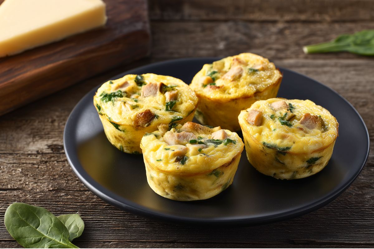Four Turkey and Brie Egg Bites with spinach and chunks of turkey arranged on a matte black plate over a rustic wood table.