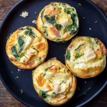 Overhead view of four Turkey and Brie Egg Bites with spinach, turkey, melted Brie, and herbs on a matte black plate.